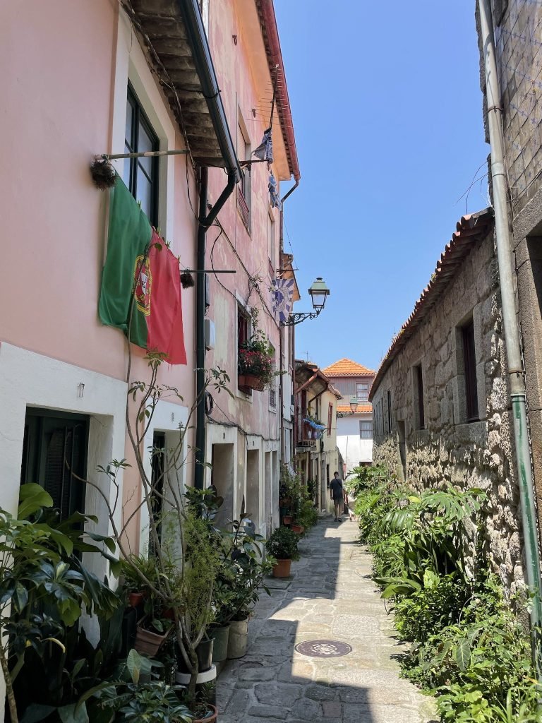 Narrow Alley in Town with Portuguese Flag on Wall