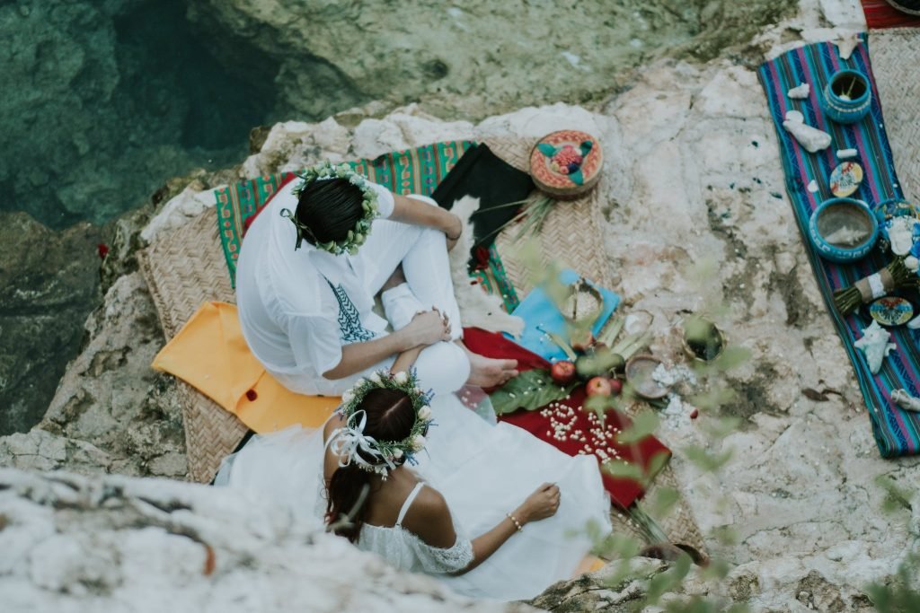 Overhead Shot of a Newlywed Couple in a Mayan Ritual Ceremony at one of the Wellness Spas in Mexico