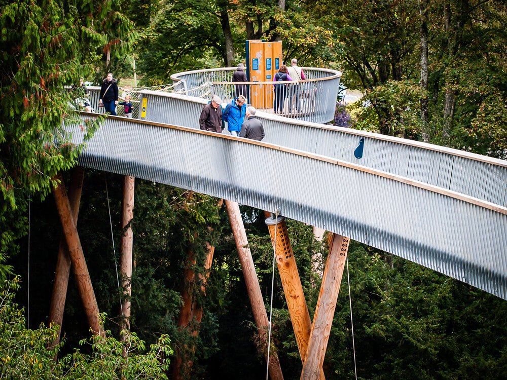 tourists walking along the tree top walk in England.