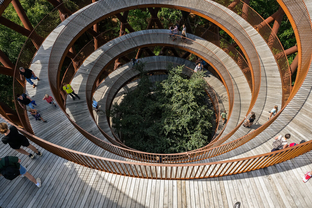 Aerial view of the spiral camp adventure forest tower in Denmark.