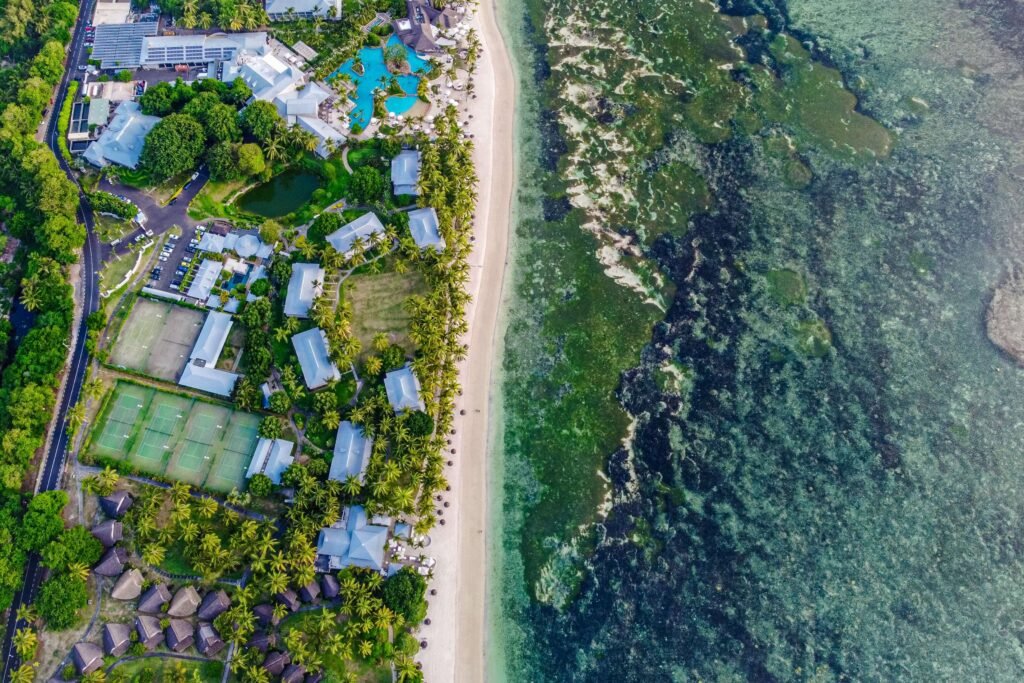 Aerial view of a ocean-side resort in Mauritius.