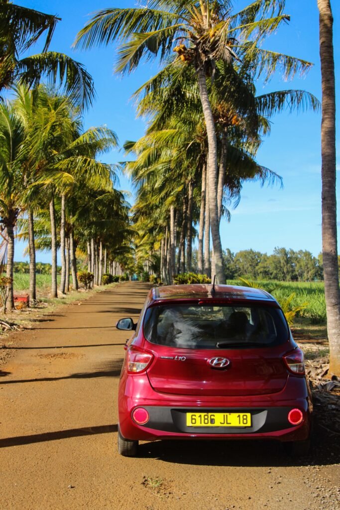 A red car on one of the many dirt roads you'll find while driving in Mauritius.