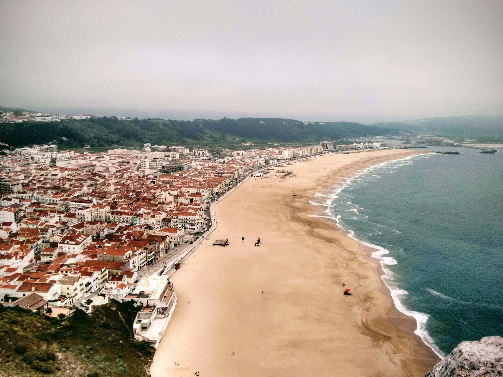 A view of the famous surfing beach at Nazare Portugal.