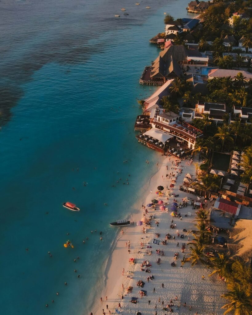 Aerial view of lively Kendwa which is the best area to stay in Zanzibar.