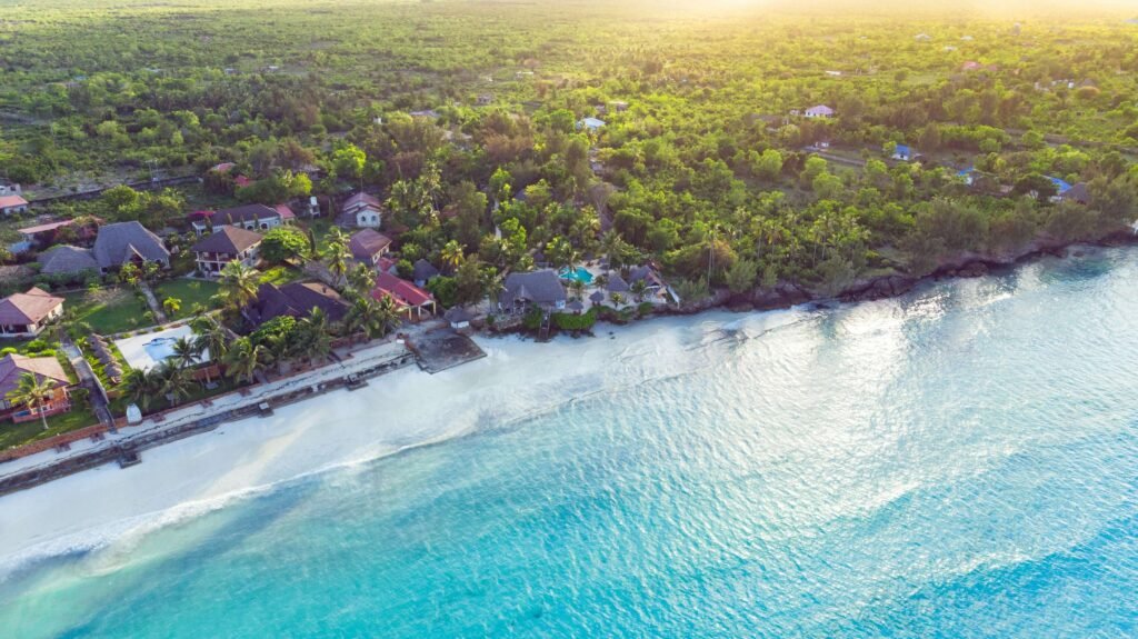 Aerial view of an all-inclusive luxury resort in the best area to stay in Zanzibar.