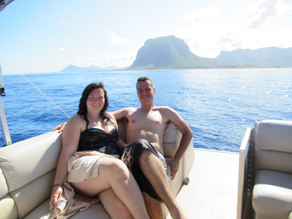 A couple on a boat in Mauritius