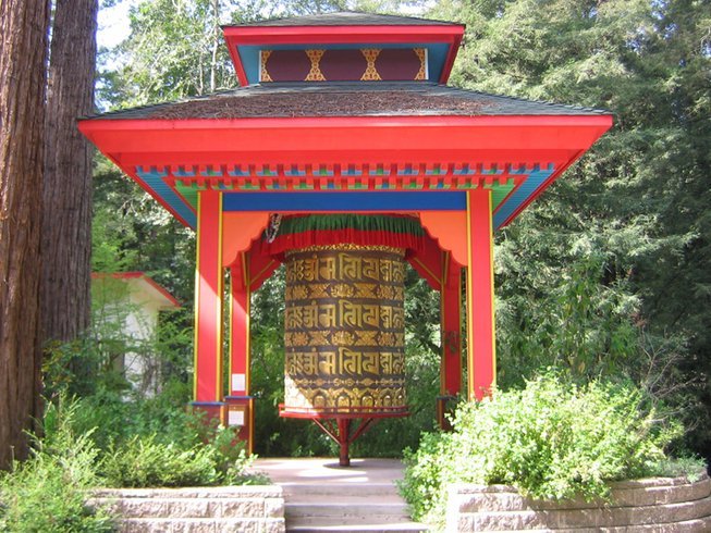 A Buddhist bell and temple at a retreat center.