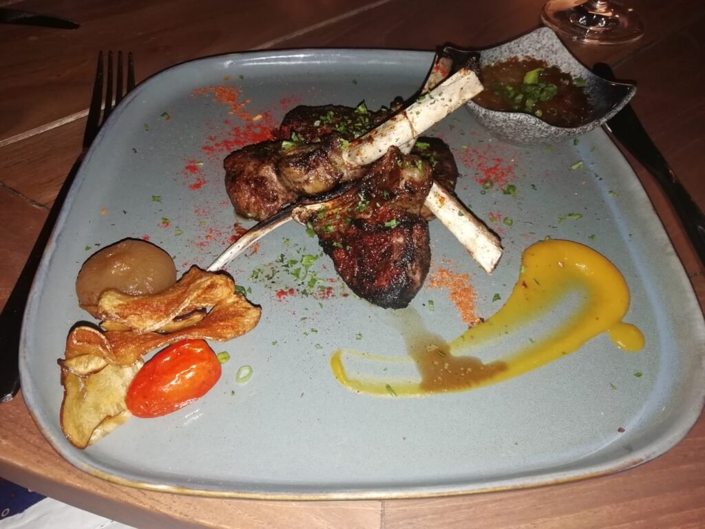 A plate with pork chops.