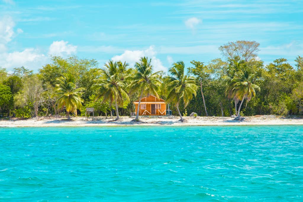 Idyllic cabin on a tropical beach in La Altagracia, Dominican Republic, surrounded by palm trees and turquoise waters.