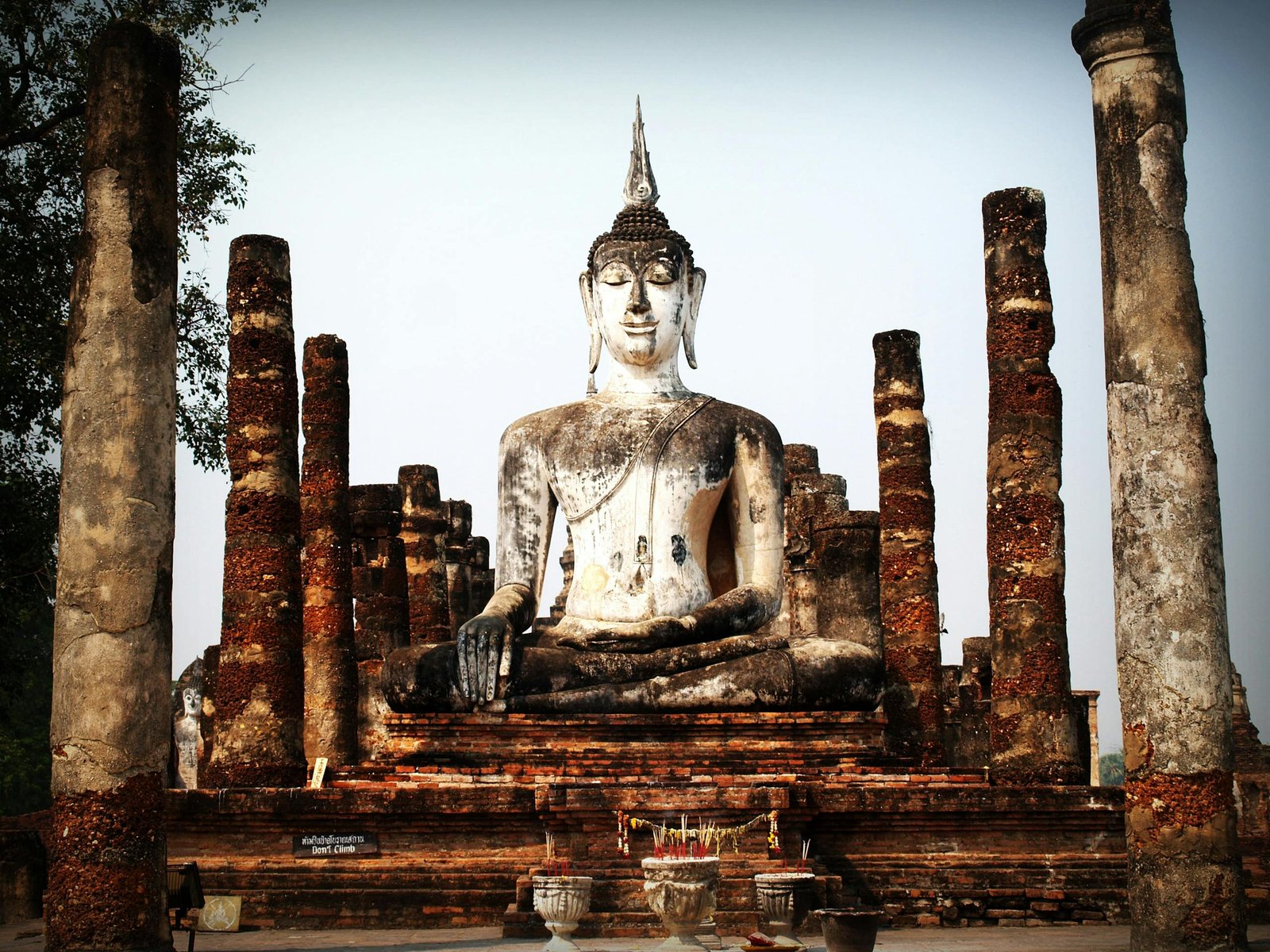 Serene Buddha statue surrounded by ancient pillars in Ayutthaya, Thailand, showcasing timeless beauty and cultural heritage.