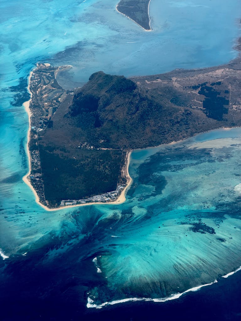 Breathtaking aerial view of Le Morne Brabant peninsula in Mauritius with turquoise waters.